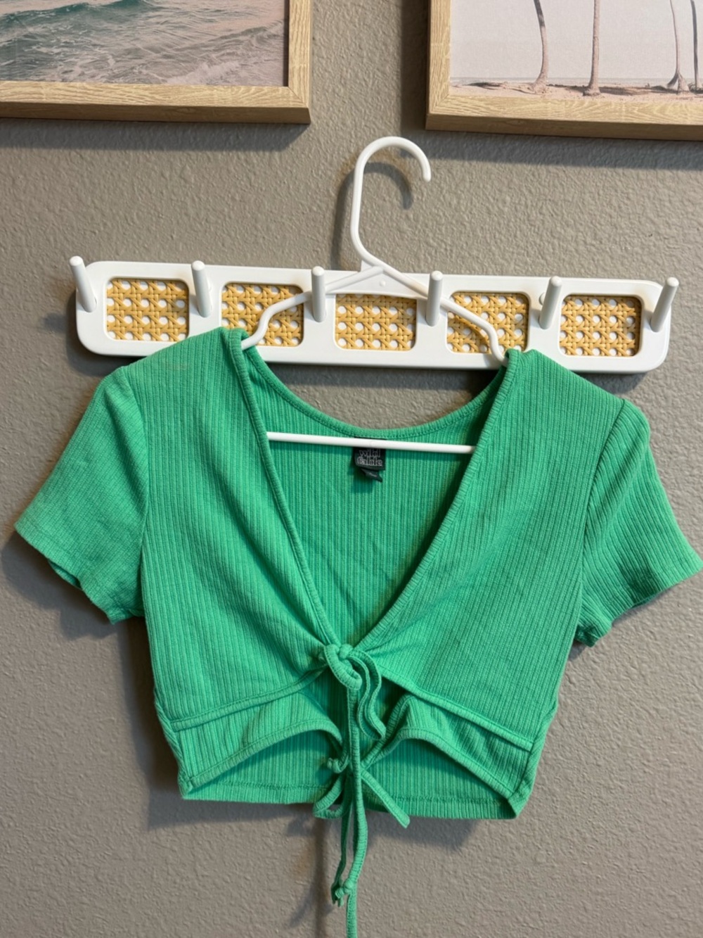 wild fable Bright Green Ribbed Tie-Front Crop Top